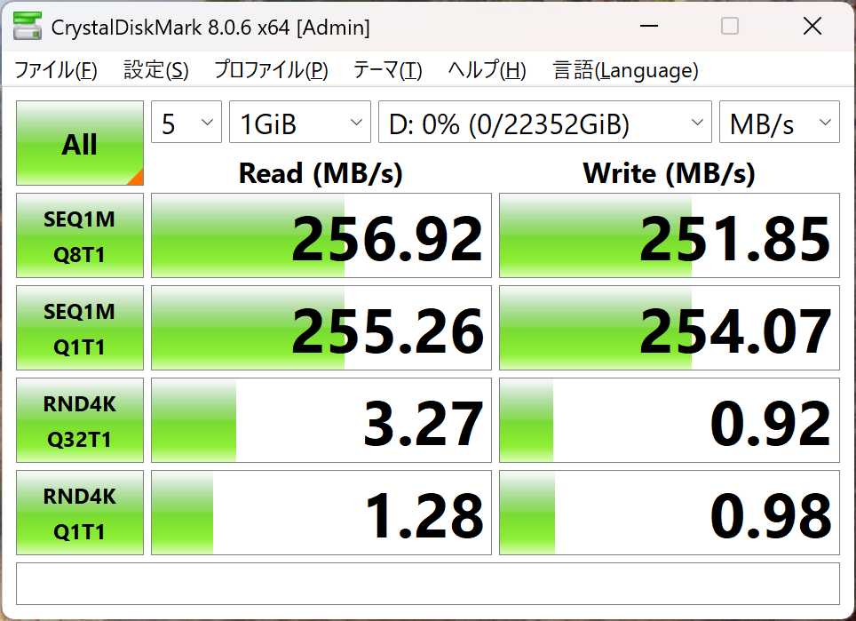 ストレージ用ベンチマークテストツール「CrystalDiskMark」による転送速度の計測結果。BarraCuda 24TBが公称値よりもよい値だったが(複数回計測したがいずれもこの値付近の結果だった)、それでもIronWolf Pro 24TBが若干上回った