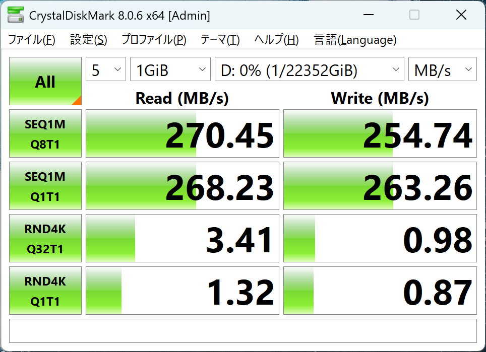 ストレージ用ベンチマークテストツール「CrystalDiskMark」による転送速度の計測結果。BarraCuda 24TBが公称値よりもよい値だったが(複数回計測したがいずれもこの値付近の結果だった)、それでもIronWolf Pro 24TBが若干上回った