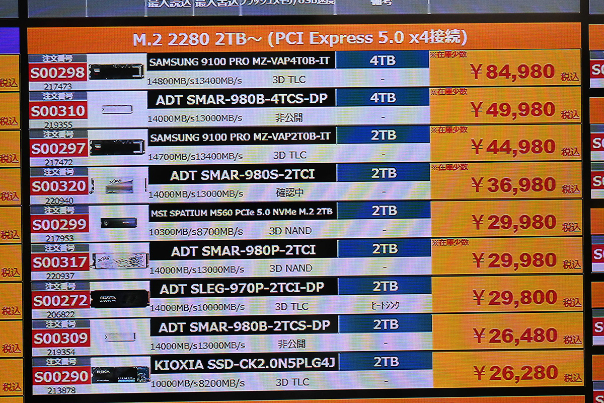 PCIe 5.0 x4対応2TBクラスの店頭価格表(6月7日撮影)