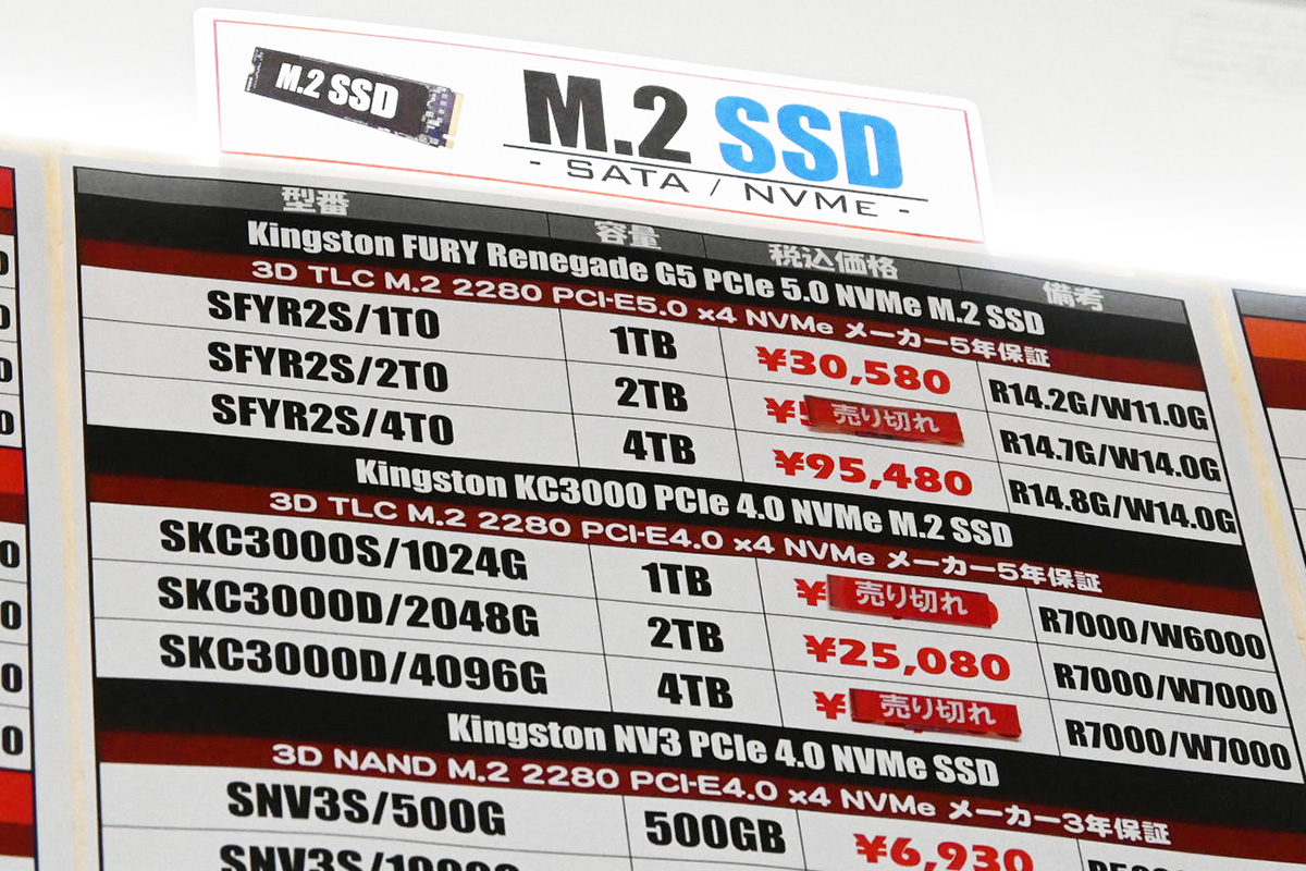 Kingston「FURY Renegade G5」店頭価格表(6月7日撮影)