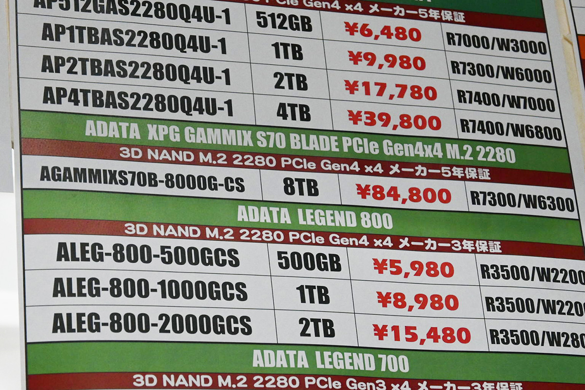 ADATA「GAMMIX S70 BLADE」8TBが過去最安の84,800円(6月7日撮影)