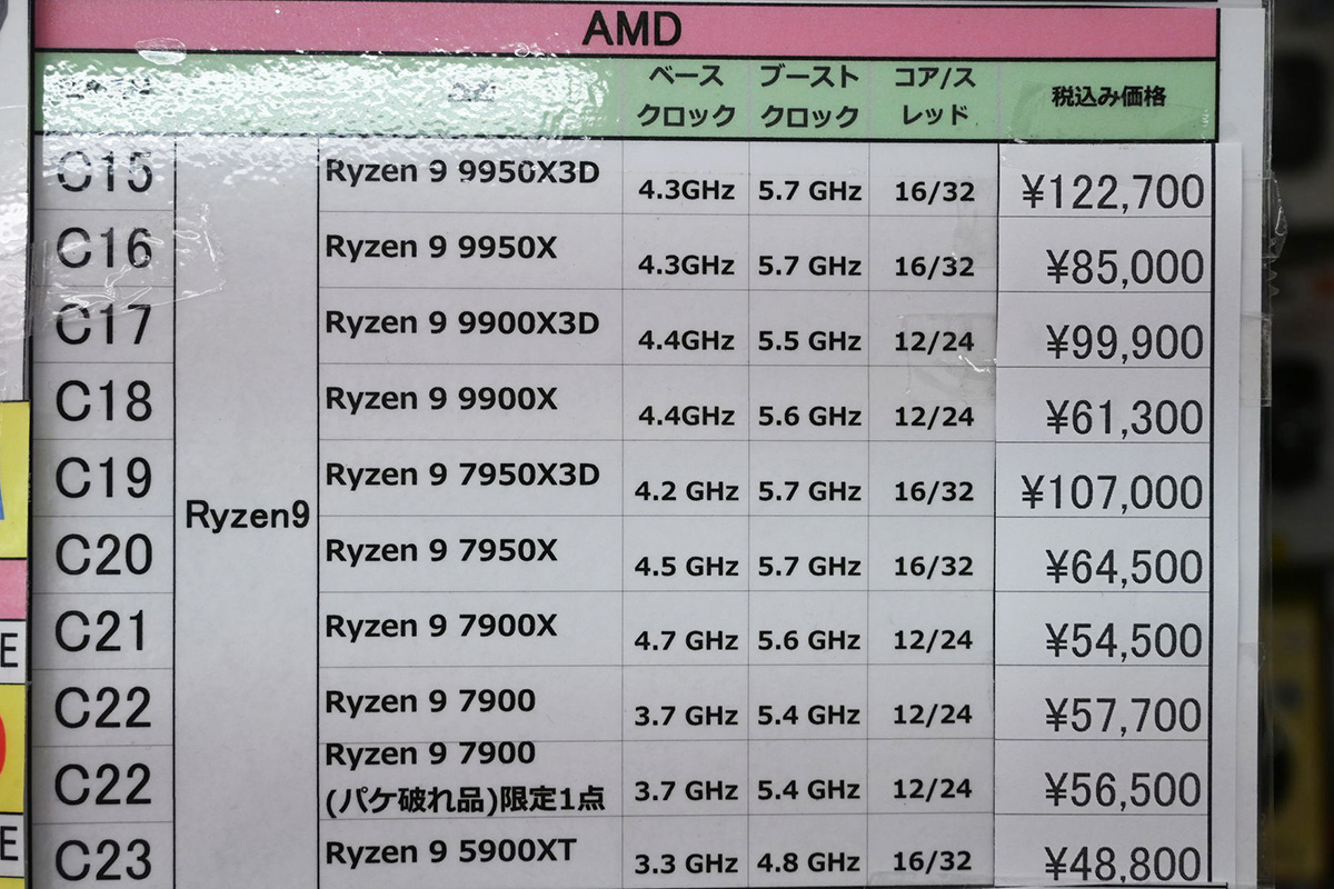 Ryzen 9店頭価格表(6月7日撮影)