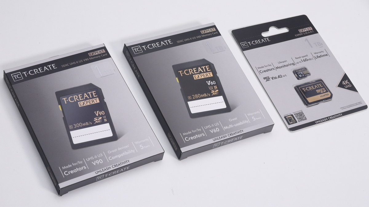 T-CREATEブランドのSDXC/Micro SDXCカード。ビデオ撮影に適した書き込み性能の高い製品がラインアップされている