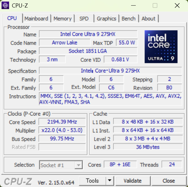 CPU-Zでの表示。CPUには24コア24スレッドの「Core Ultra 9 275HX」を搭載。Pコアを8基、Eコアを16基備えている