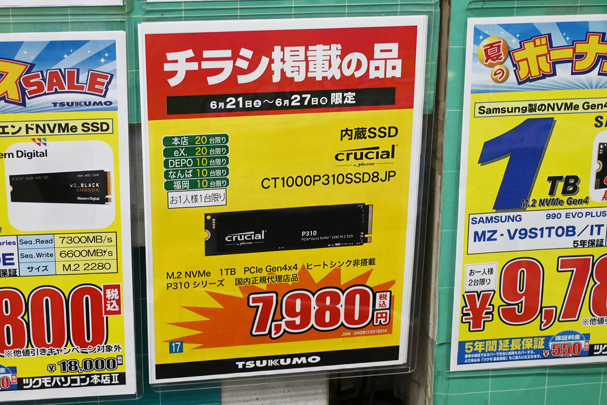 Crucial「P310」ヒートシンク非搭載1TBが7,980円(6月21日撮影)