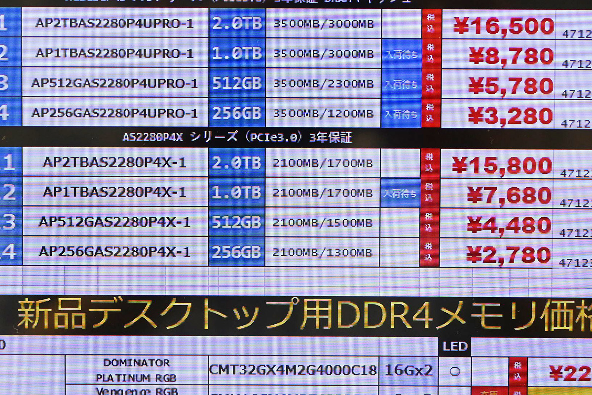 Apacer「AS2280P4X」512GBが4,480円など(6月21日撮影)