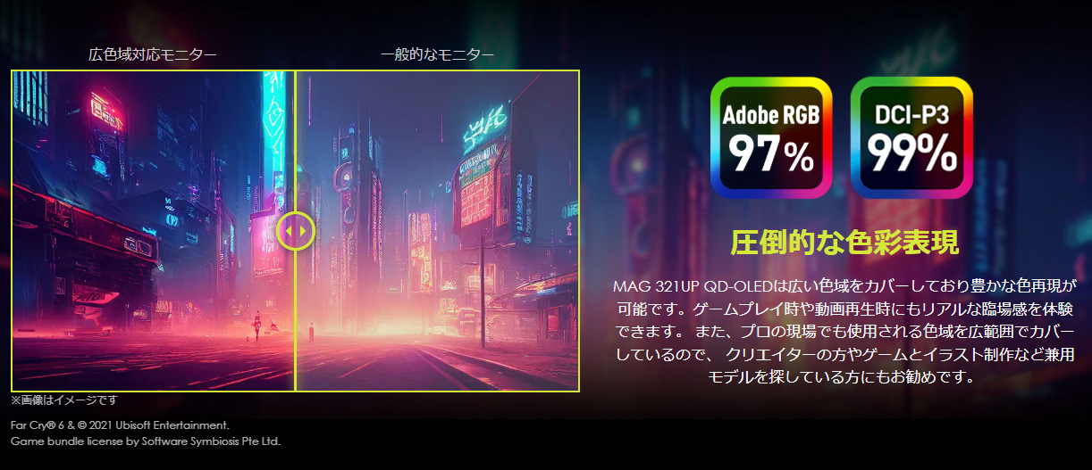 DCI-P3カバー率99%、Adobe RGBカバー率97％、sRGBカバー率100%の広色域で鮮やかな映像表現