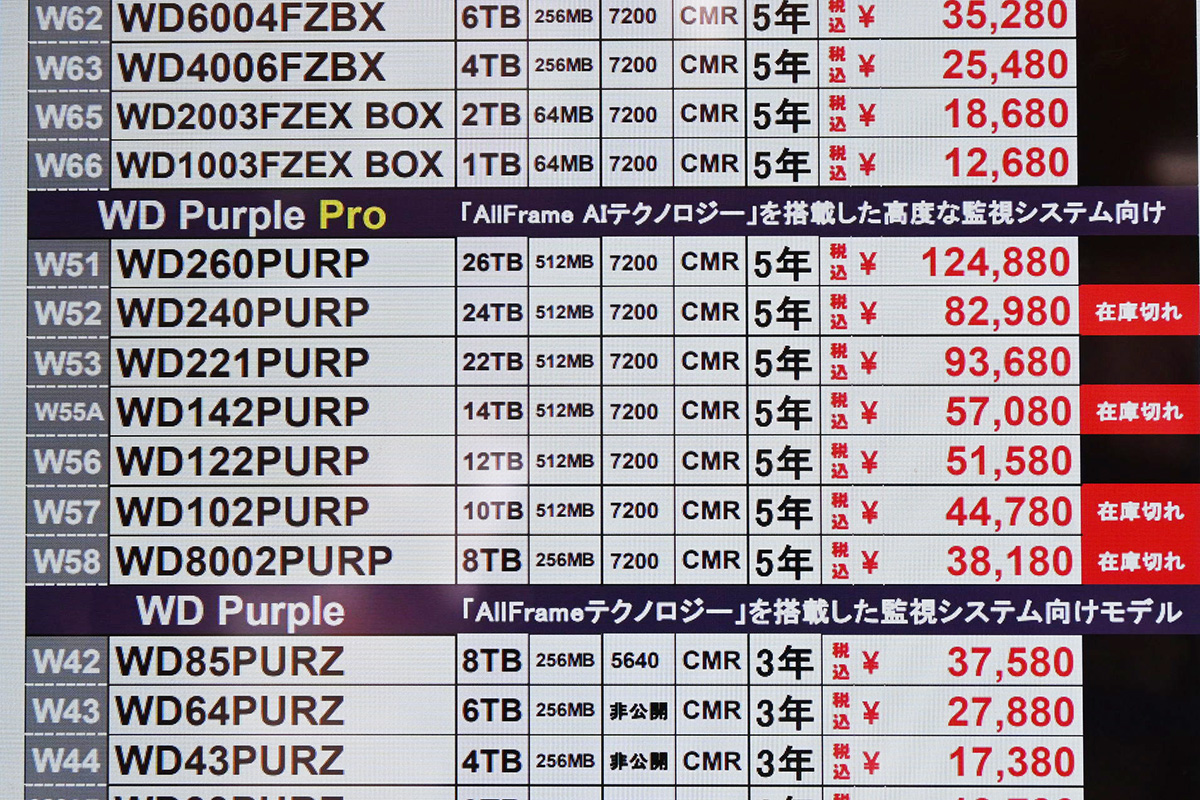 Western Digital「WD Purple Pro」店頭価格表(7月5日撮影)