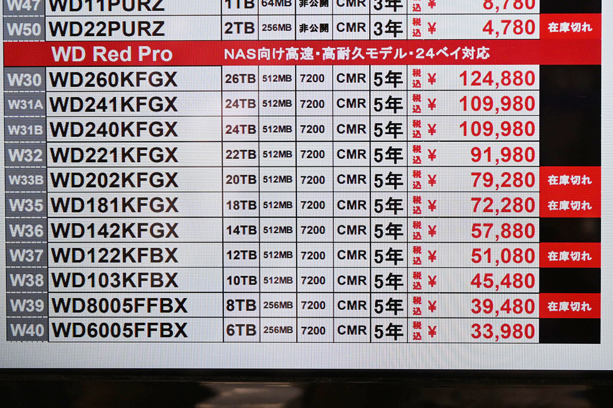 Western Digital「WD Red Pro」店頭価格表(7月5日撮影)