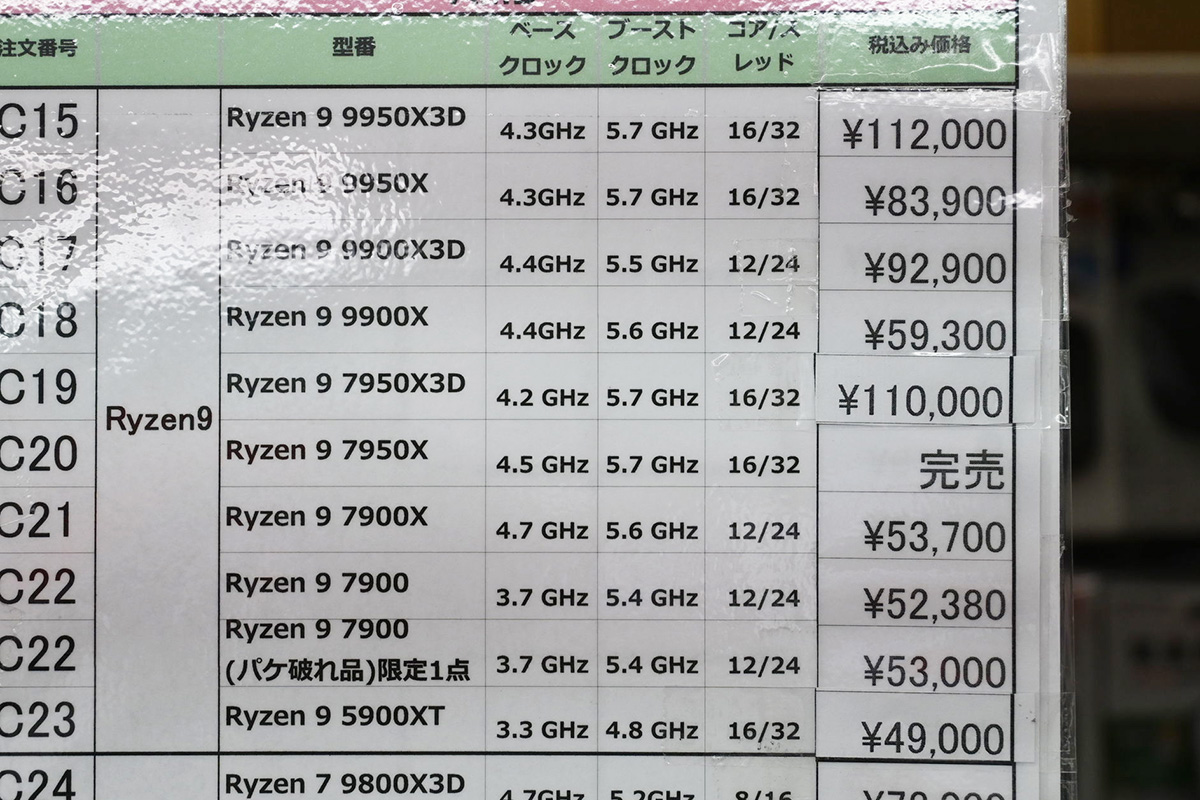 Ryzen 9の店頭価格表(7月5日撮影)