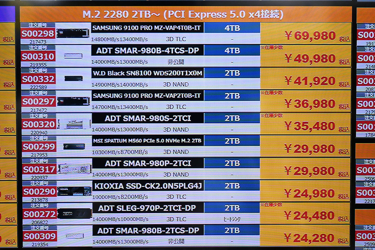 PCIe 5.0対応SSD 2～4TBの店頭価格表(7月19日撮影)