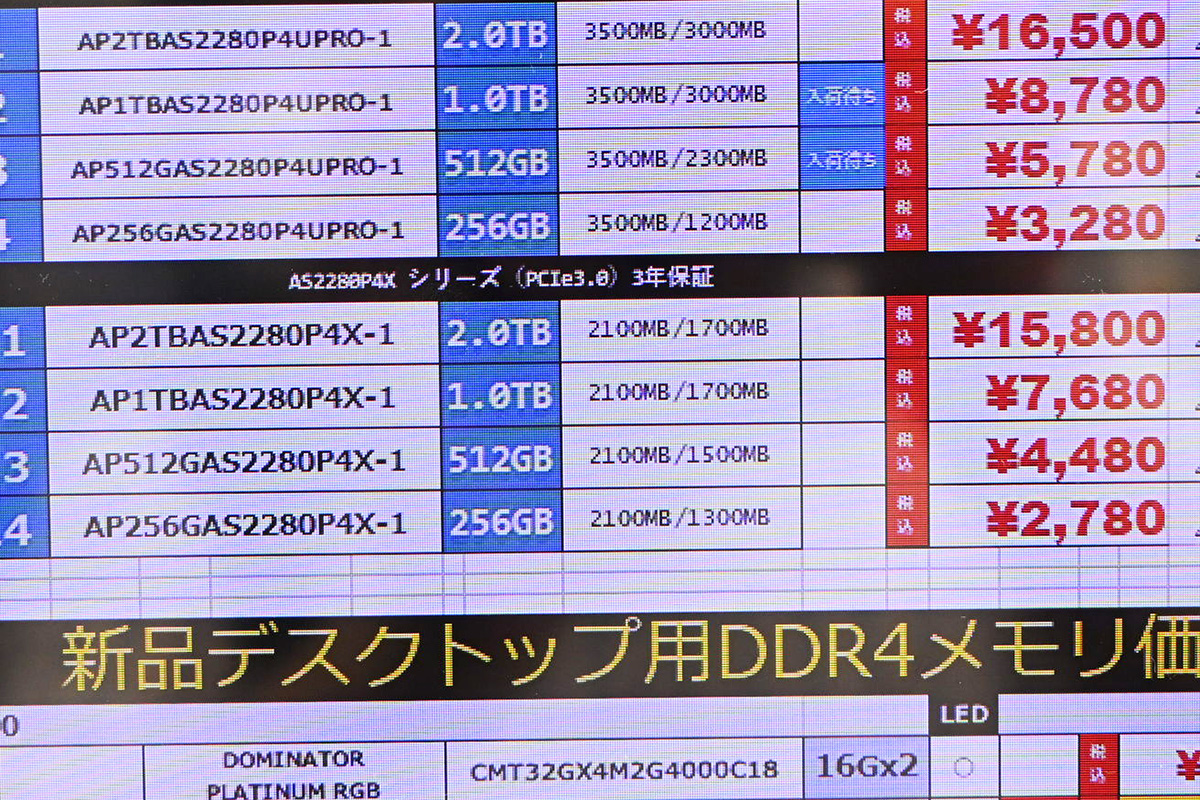 Apacer「AS2280P4X」512GBが4,480円など(7月19日撮影)