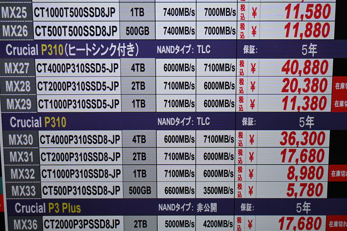 Crucial「P310」店頭価格表(7月19日撮影)