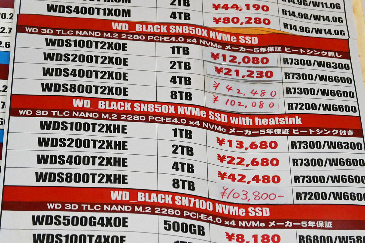 Western Digital(Sandisk)「WD Black SN850X」店頭価格表(7月19日撮影)