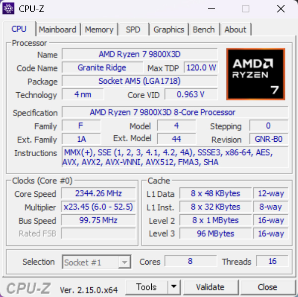 CPU-Zでの表示。CPUにはRyzen 7 9800X3Dを搭載。8コア16スレッドで最大5.2GHz動作だ