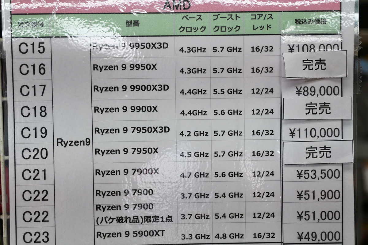 Ryzen 9店頭価格表(7月19日撮影)
