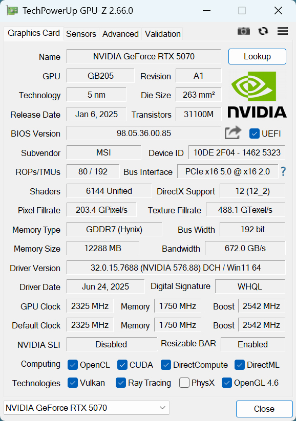 GPU-Zでの表示。標準のブーストクロックは2,542MHzだ