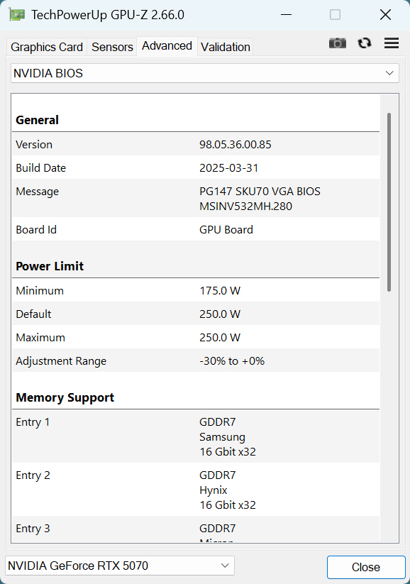 カード電力は定格通りの250Wに設定されていた