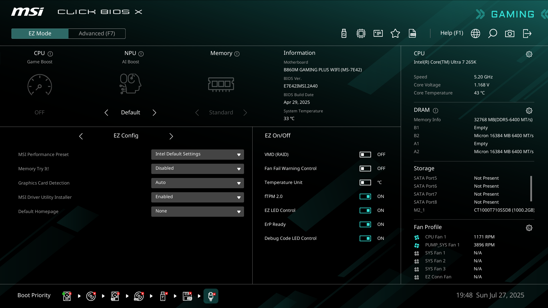B860M GAMING PLUS WIFIのBIOS画面