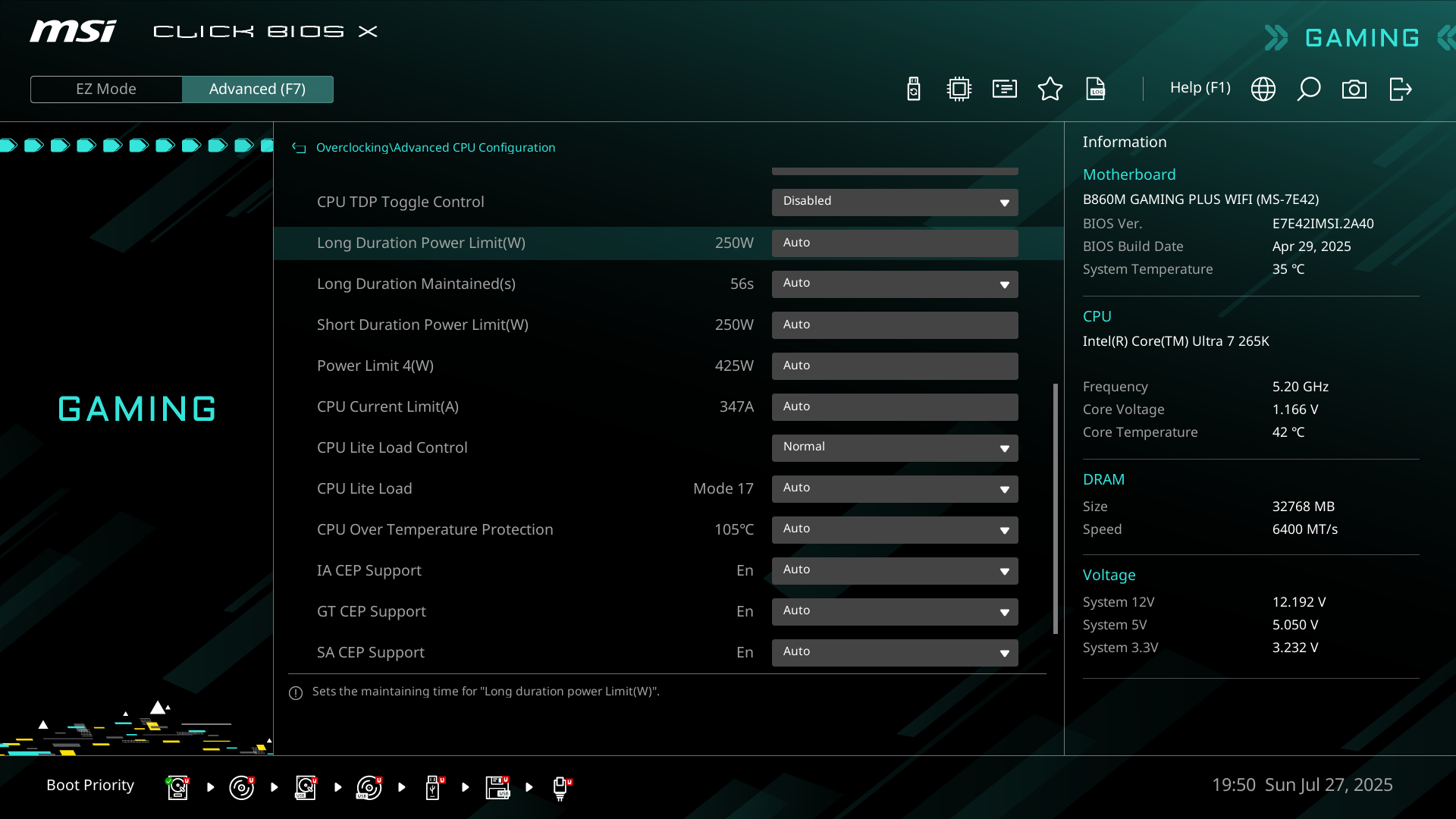 Core Ultra 7 265Kに対し、PL1＝PL2＝250W、IccMax＝347Aという最大限のリミット値を標準で許容している