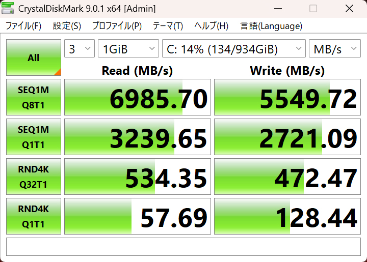 CrystalDiskMark 9.0.1の結果。シーケンシャルリード6985.70MB/s、ライト5549.72MB/sと十分高速だ