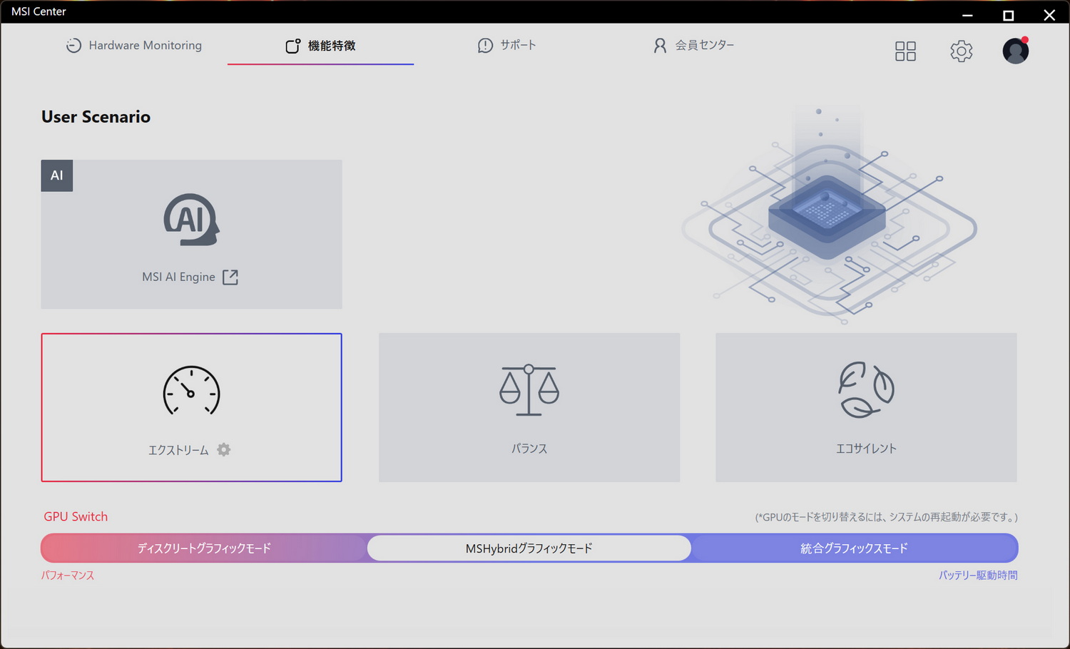動作モードはMSI CenterアプリでUser Scenarioをエクストリームに設定してベンチマークを実行した
