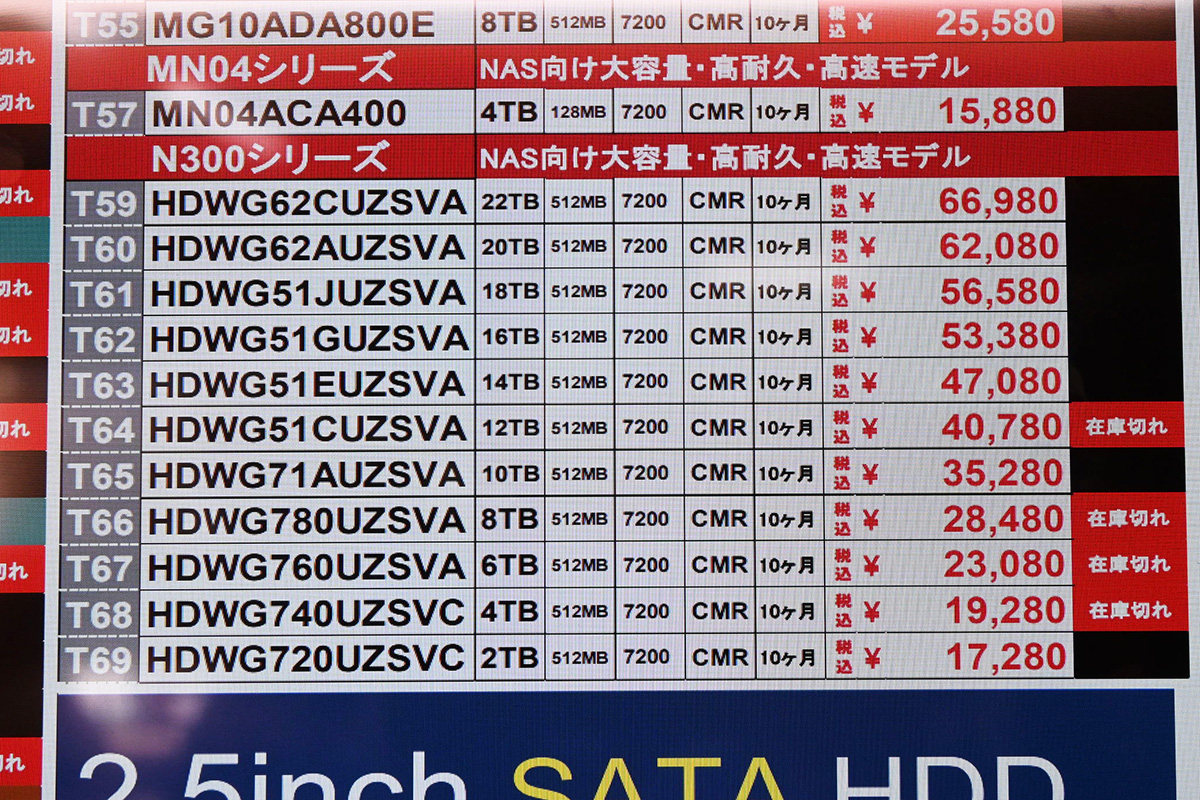 東芝「N300」店頭価格表(8月2日撮影)