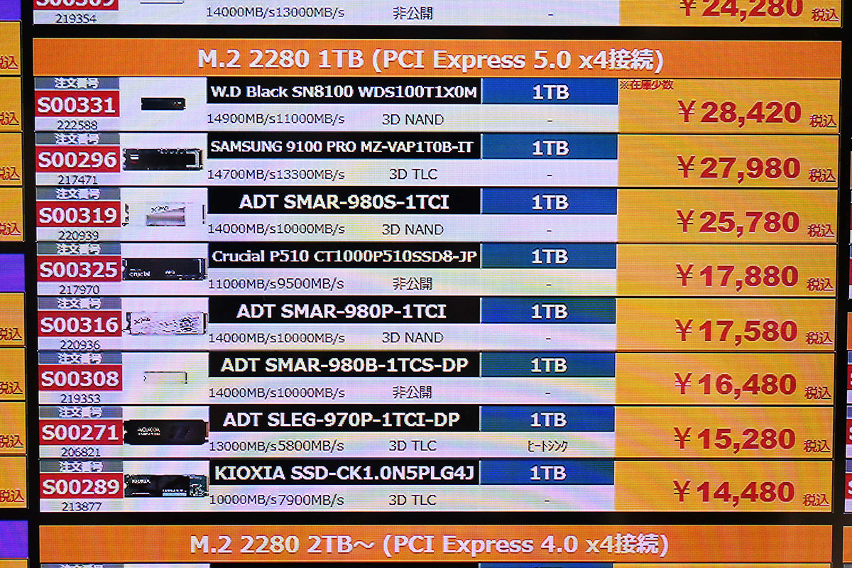 PCIe 5.0対応SSD 1TBの店頭価格表(8月2日撮影)