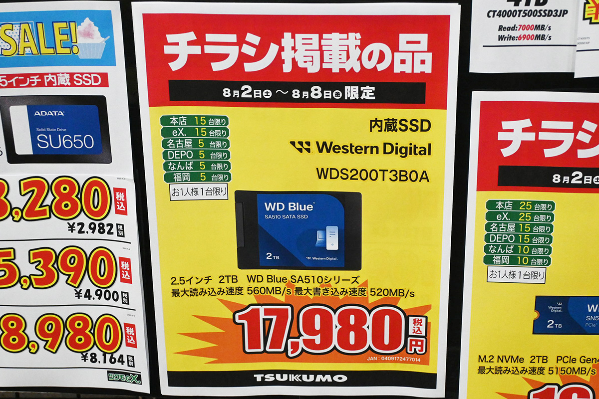 Western Digital(Sandisk)「WD Blue SA510」2TBが17,980円(8月2日撮影)