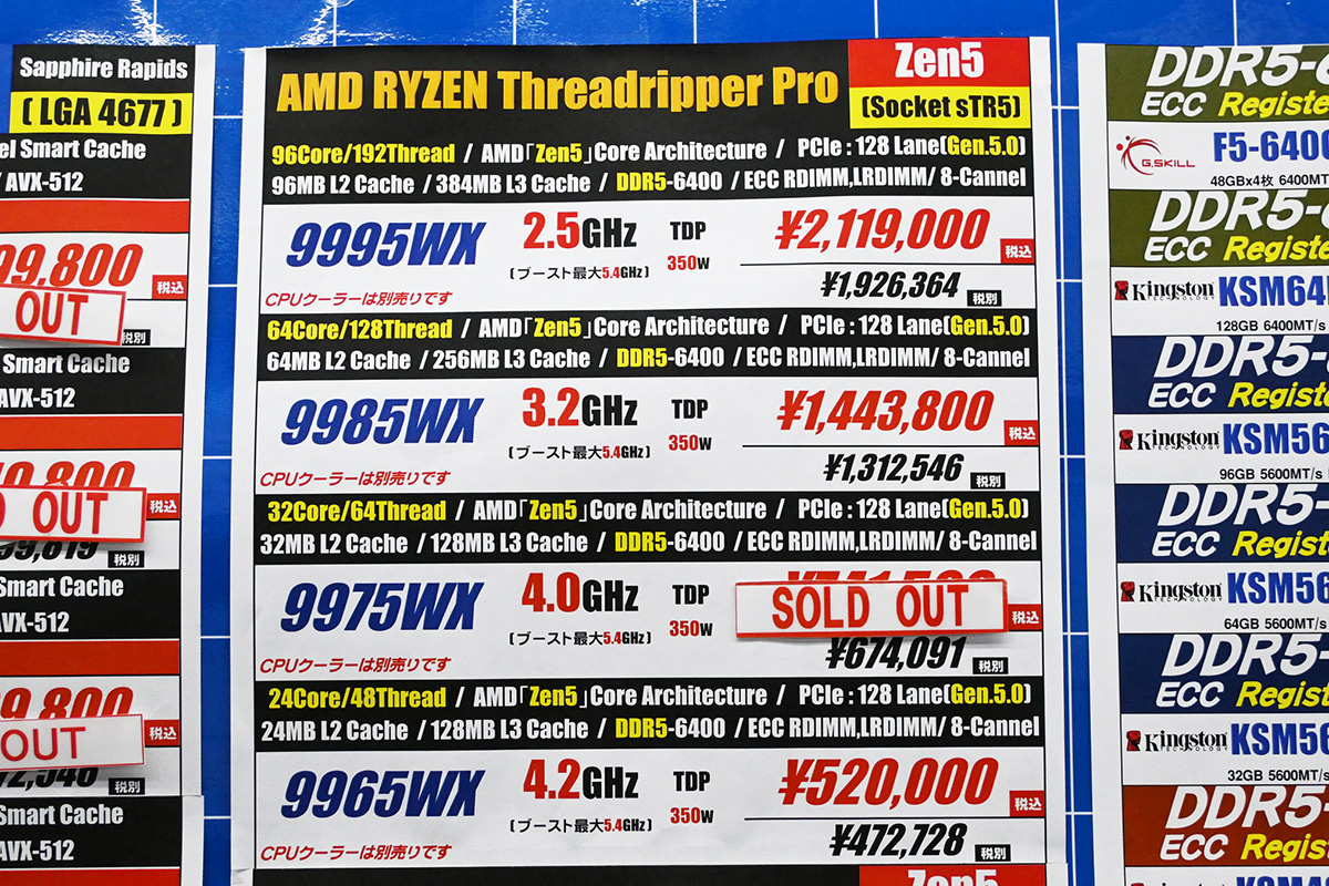 Ryzen Threadripper PRO 9000 WX店頭価格表(8月2日撮影)