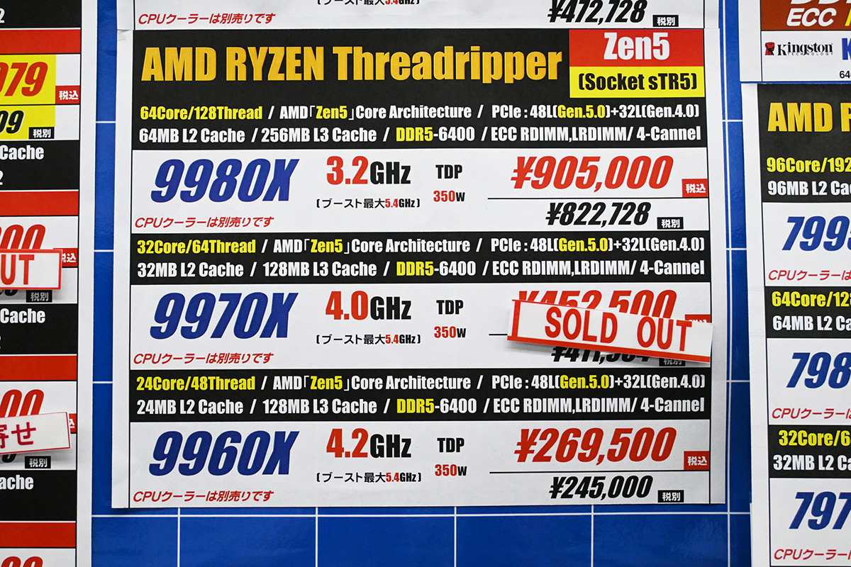 Ryzen Threadripper 9000店頭価格表(8月2日撮影)