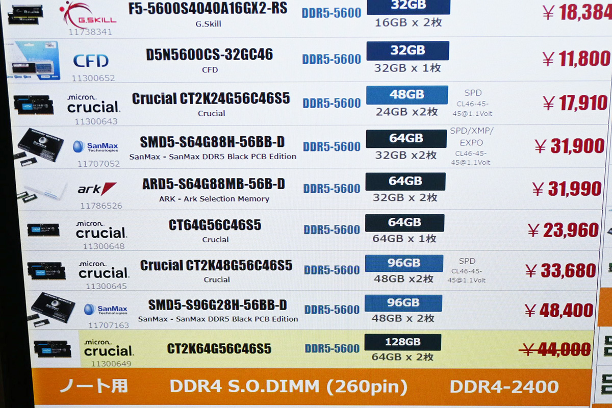 SO-DIMM DDR5-5600 48GB×2枚組が33,680円(8月2日撮影)