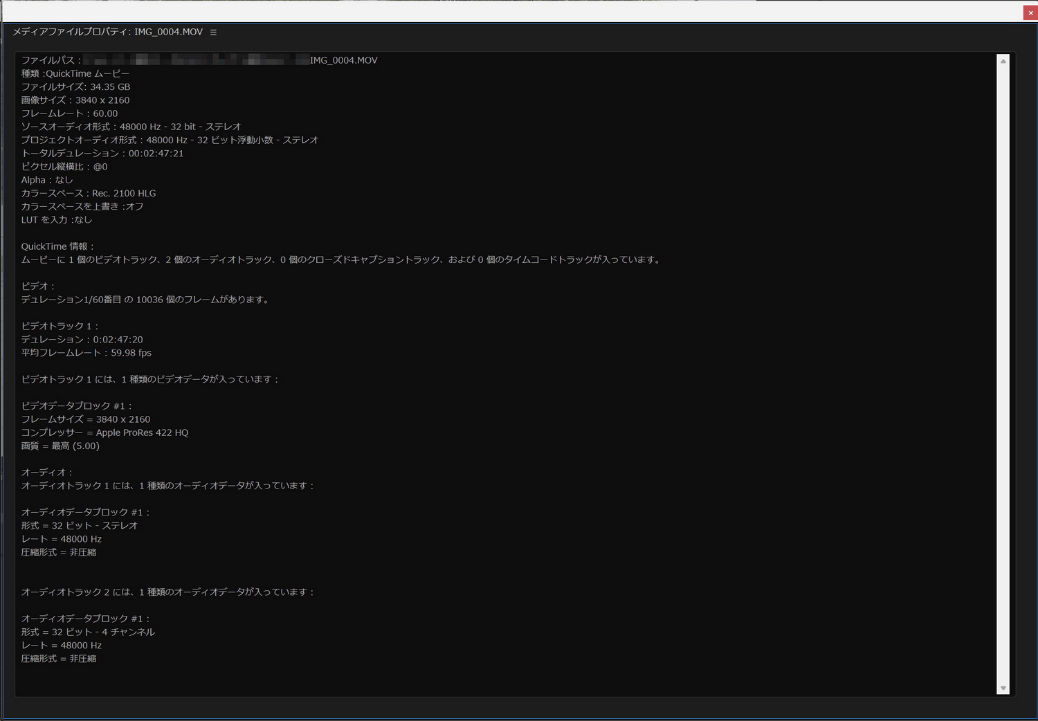 テスト録画した動画ファイルの情報をPremiere Proで確認してみたが、コマ落ちは発生しなかった。60fpsなら悠々といったところだろう。120fpsに関しては今回テストしなかった