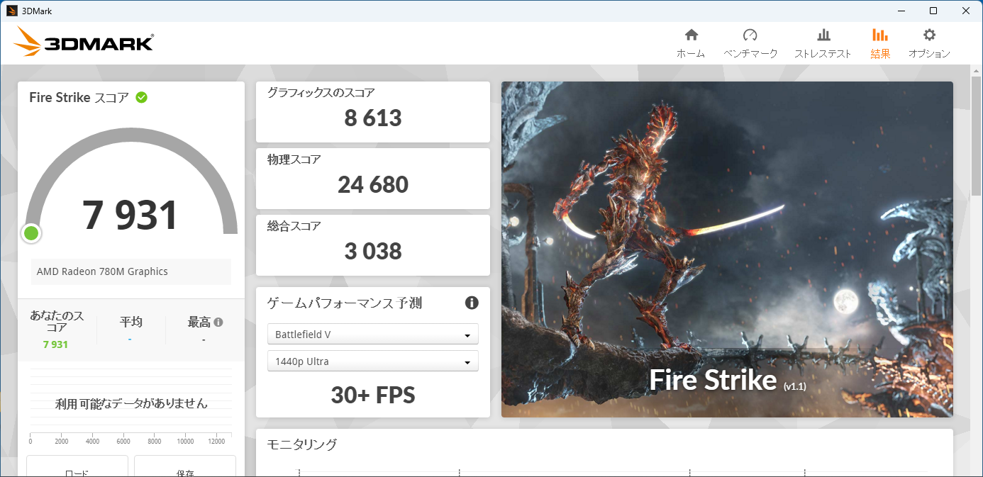 左が「10インチモニター搭載メカニカルキーボード」に接続した時、右が一般的な液晶モニターに接続した時の3DMarkのFire StrikeのScoreで、大きな違いはなかった。テストに使用したPCはUM890 Pro