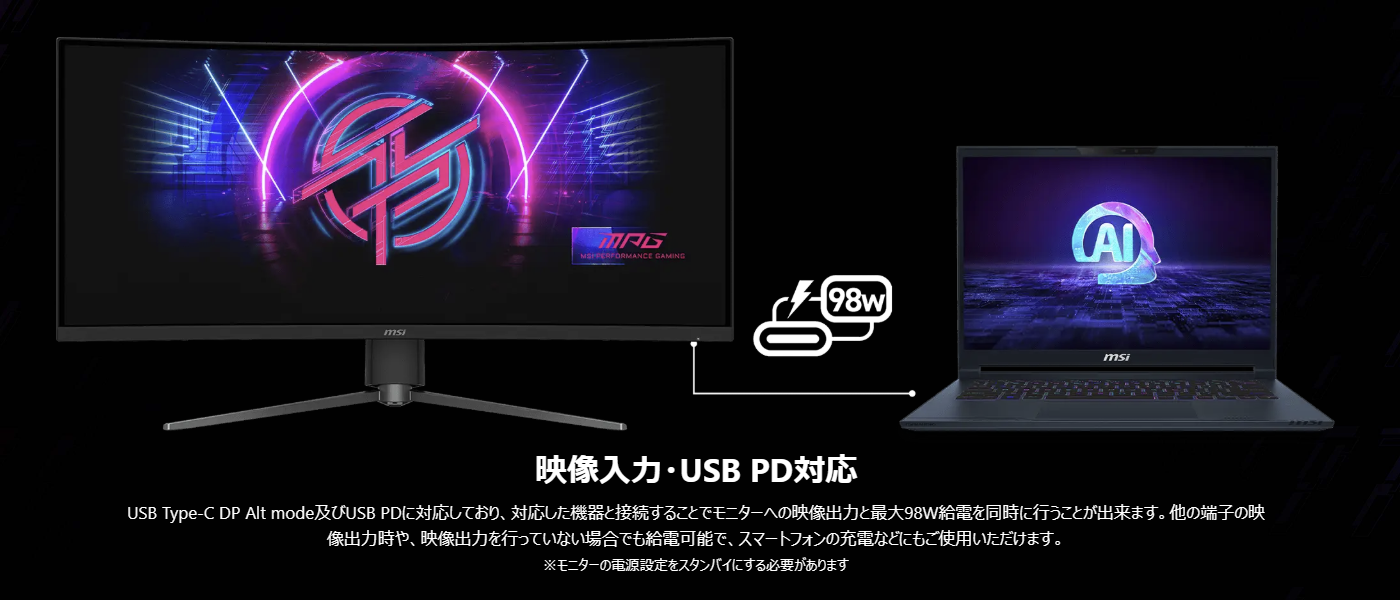 映像入力も可能なUSB Type-C端子は、USB PDにより最大98Wの電力供給が可能