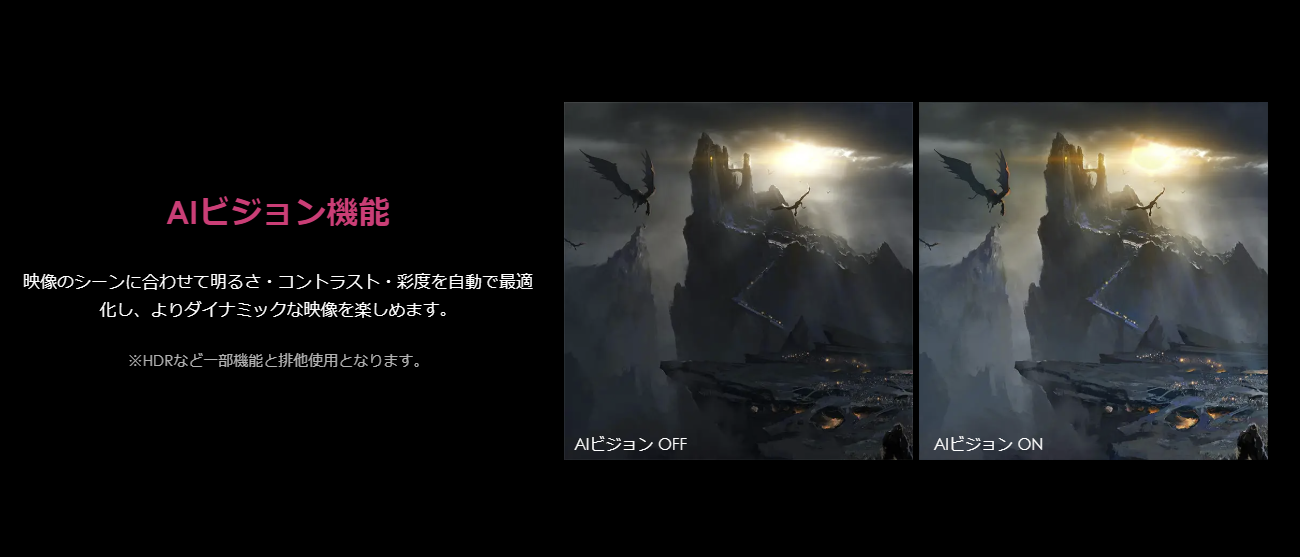 映像に合わせて明るさ、コントラスト、彩度を自動で最適化する「AIビジョン」機能に対応