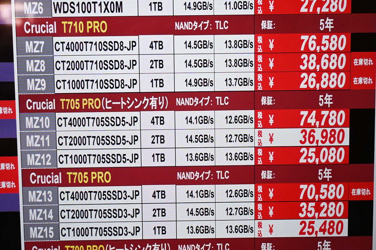 Crucial「T710/T705」店頭価格表(8月23日撮影)