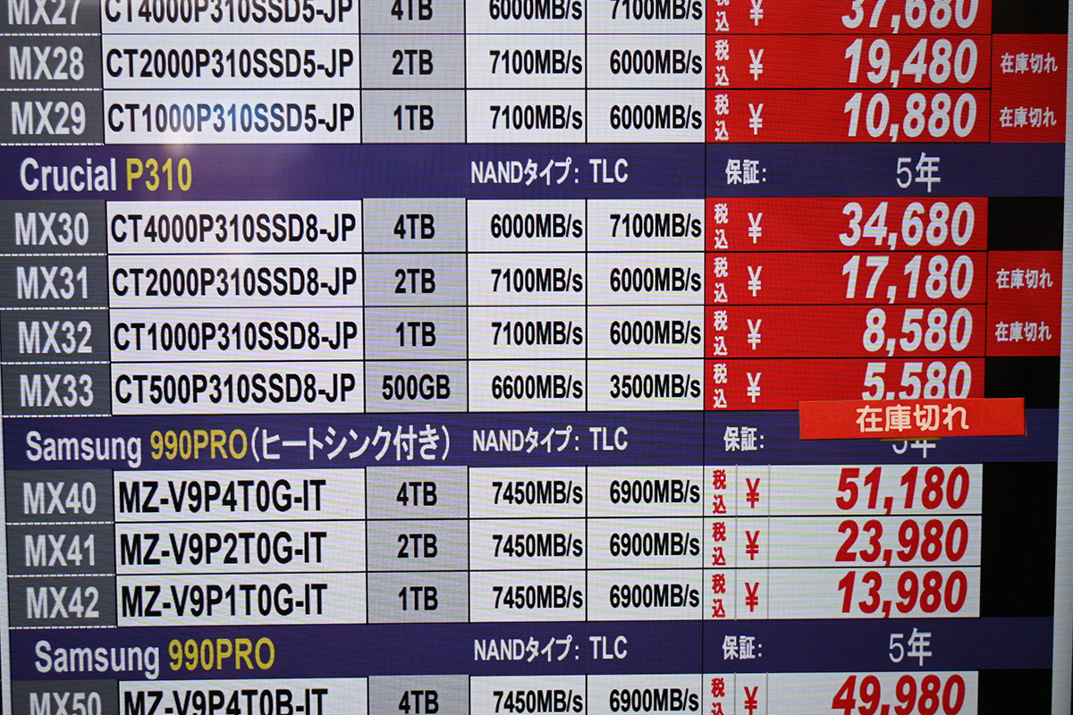 Crucial「P310」ヒートシンク非搭載4TBが34,680円(8月23日撮影)