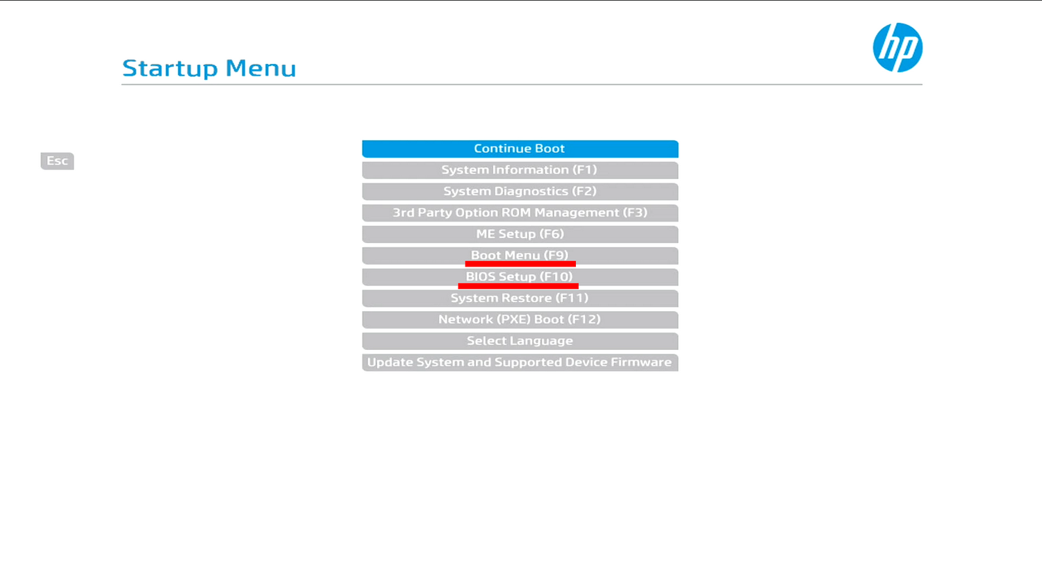 HP ProDesk 600 G5 SFFでUEFIを呼び出すためのスタートアップメニュー。PCの電源を投入し、「hp」ロゴが表示されたらESCキーをクリックすると表示できる。「BIOS Setup(F10)」から設定するか、「Boot Menu(F9)」に進む