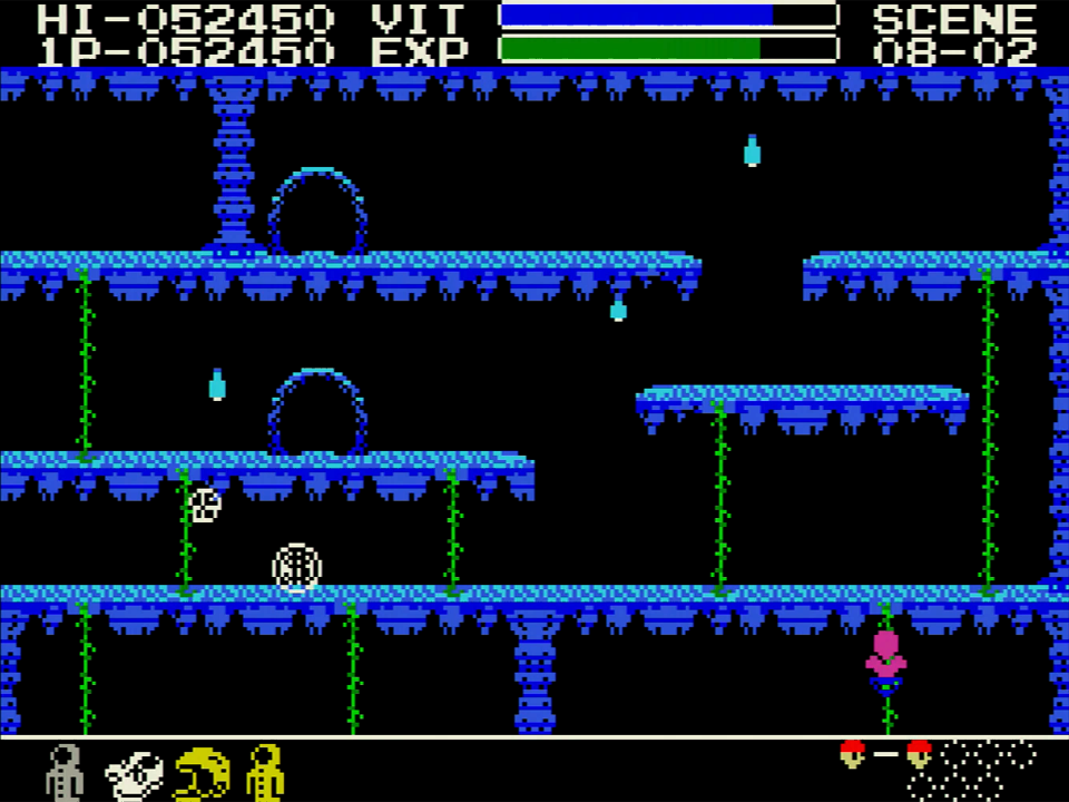 各シーンには、押しつぶされると一発アウトの上下に動く岩や蒸気が噴き出すパイプ、頭上から落ちてくる鍾乳石や水滴など、ギミックがさまざま設置されています。隣の画面に移動した途端に鍾乳石が降ってくる場所など、なかなか意地悪い配置になっている場所もあるので、ある程度はマップを描いた方が楽に攻略できます。