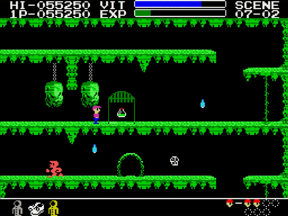 各シーンには、押しつぶされると一発アウトの上下に動く岩や蒸気が噴き出すパイプ、頭上から落ちてくる鍾乳石や水滴など、ギミックがさまざま設置されています。隣の画面に移動した途端に鍾乳石が降ってくる場所など、なかなか意地悪い配置になっている場所もあるので、ある程度はマップを描いた方が楽に攻略できます。