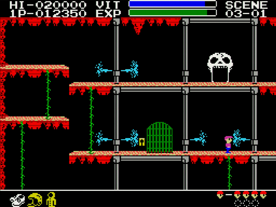 各シーンには、押しつぶされると一発アウトの上下に動く岩や蒸気が噴き出すパイプ、頭上から落ちてくる鍾乳石や水滴など、ギミックがさまざま設置されています。隣の画面に移動した途端に鍾乳石が降ってくる場所など、なかなか意地悪い配置になっている場所もあるので、ある程度はマップを描いた方が楽に攻略できます。