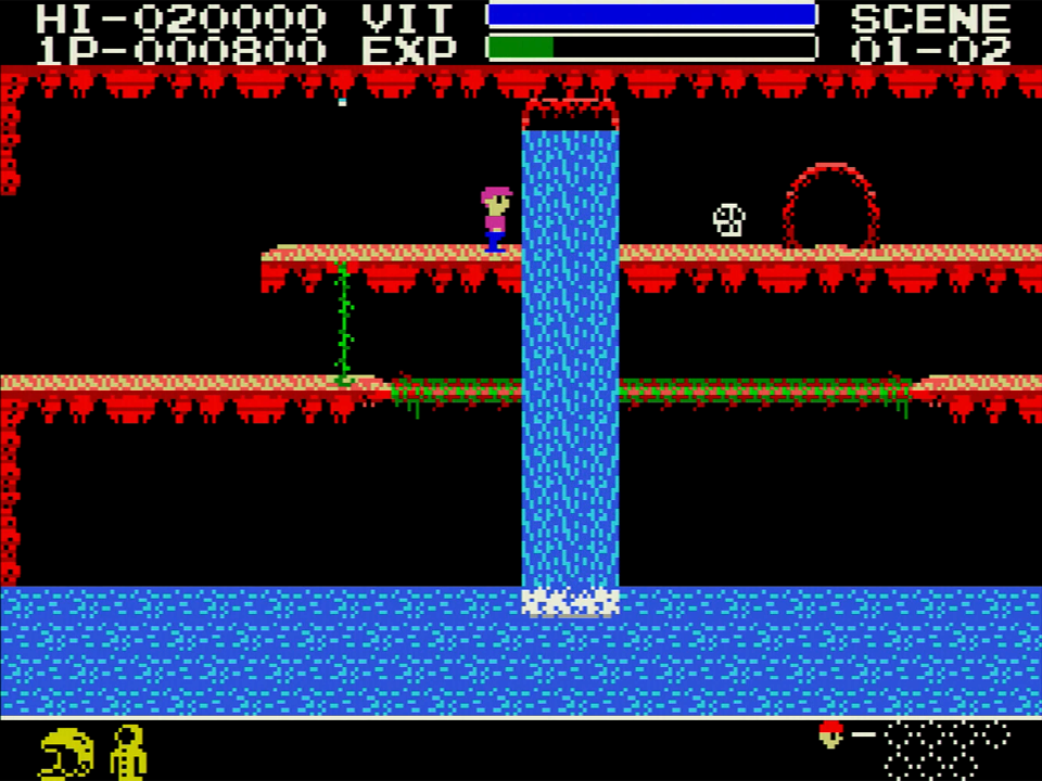 各シーンには、押しつぶされると一発アウトの上下に動く岩や蒸気が噴き出すパイプ、頭上から落ちてくる鍾乳石や水滴など、ギミックがさまざま設置されています。隣の画面に移動した途端に鍾乳石が降ってくる場所など、なかなか意地悪い配置になっている場所もあるので、ある程度はマップを描いた方が楽に攻略できます。