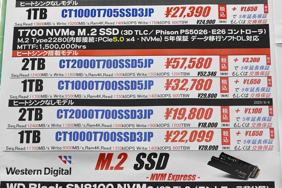 Crucial「T700」2TBが19,800円(9月6日撮影)