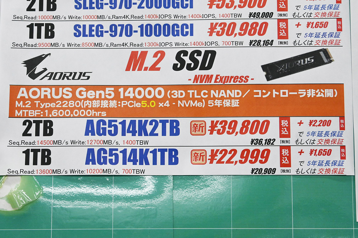 GIGABYTE「AORUS Gen5 14000」の店頭価格表(9月6日撮影)