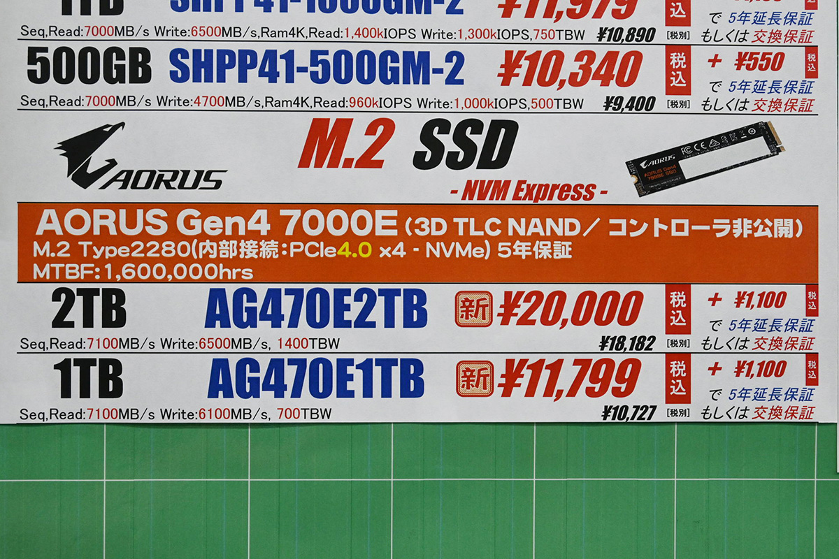 GIGABYTE「AORUS Gen4 7000E」の店頭価格表(9月6日撮影)