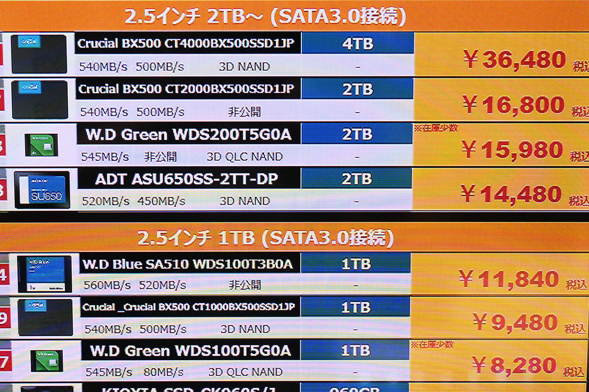 WesternDigital(Sandisk)「WD Green」WDS200T5G0A(2TB)が15,980円(9月6日撮影)