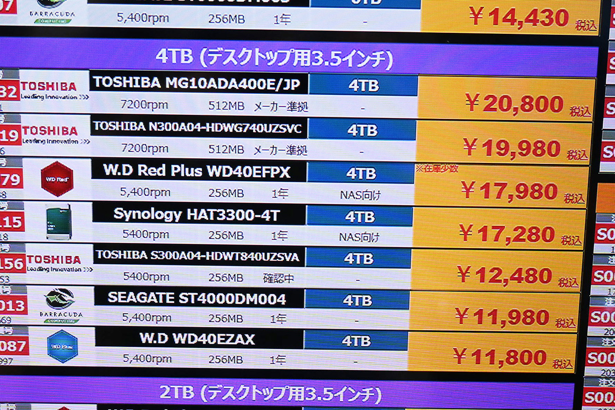 東芝「S300」4TBが12,480円(9月6日撮影)
