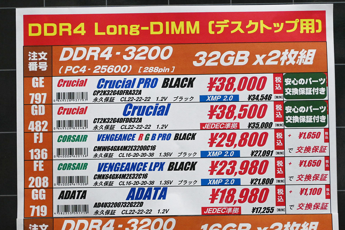 「DDR4-3200」32GB×2枚組店頭価格表(9月6日撮影)