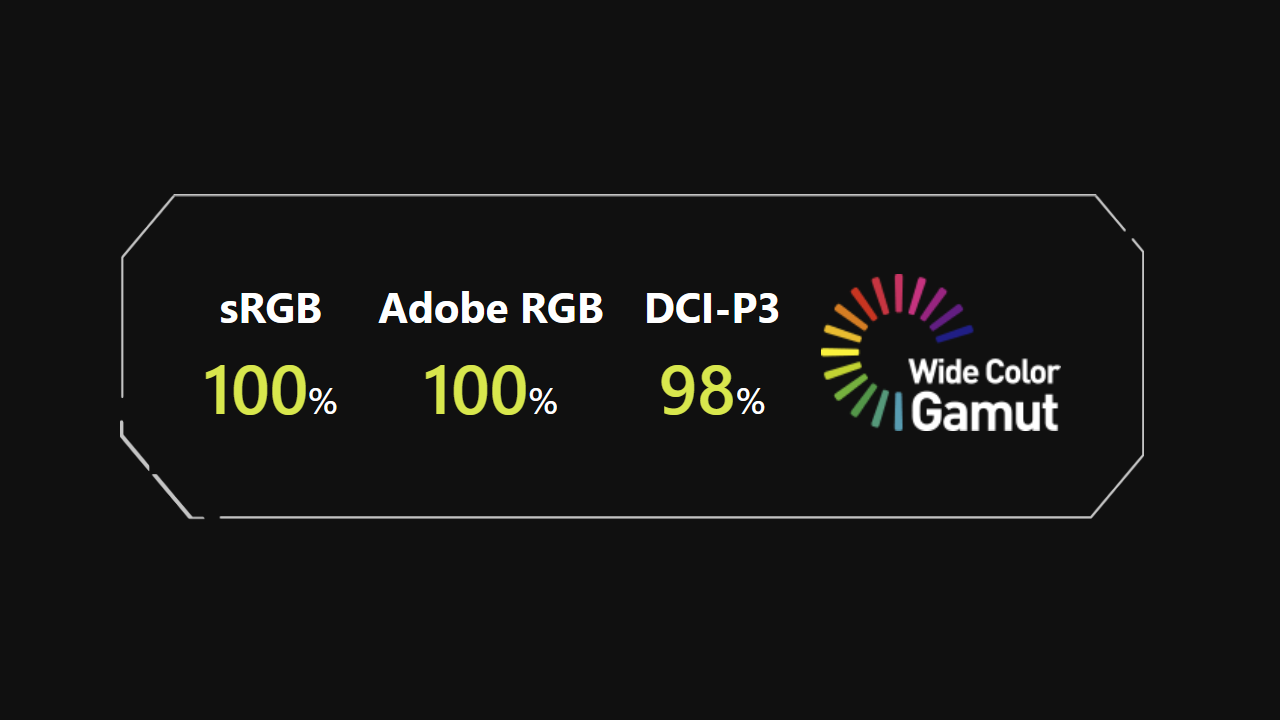 色再現性はsRGB＝100％、Adobe RGB＝100％、DCI-P3＝98％と高いカバー率を実現